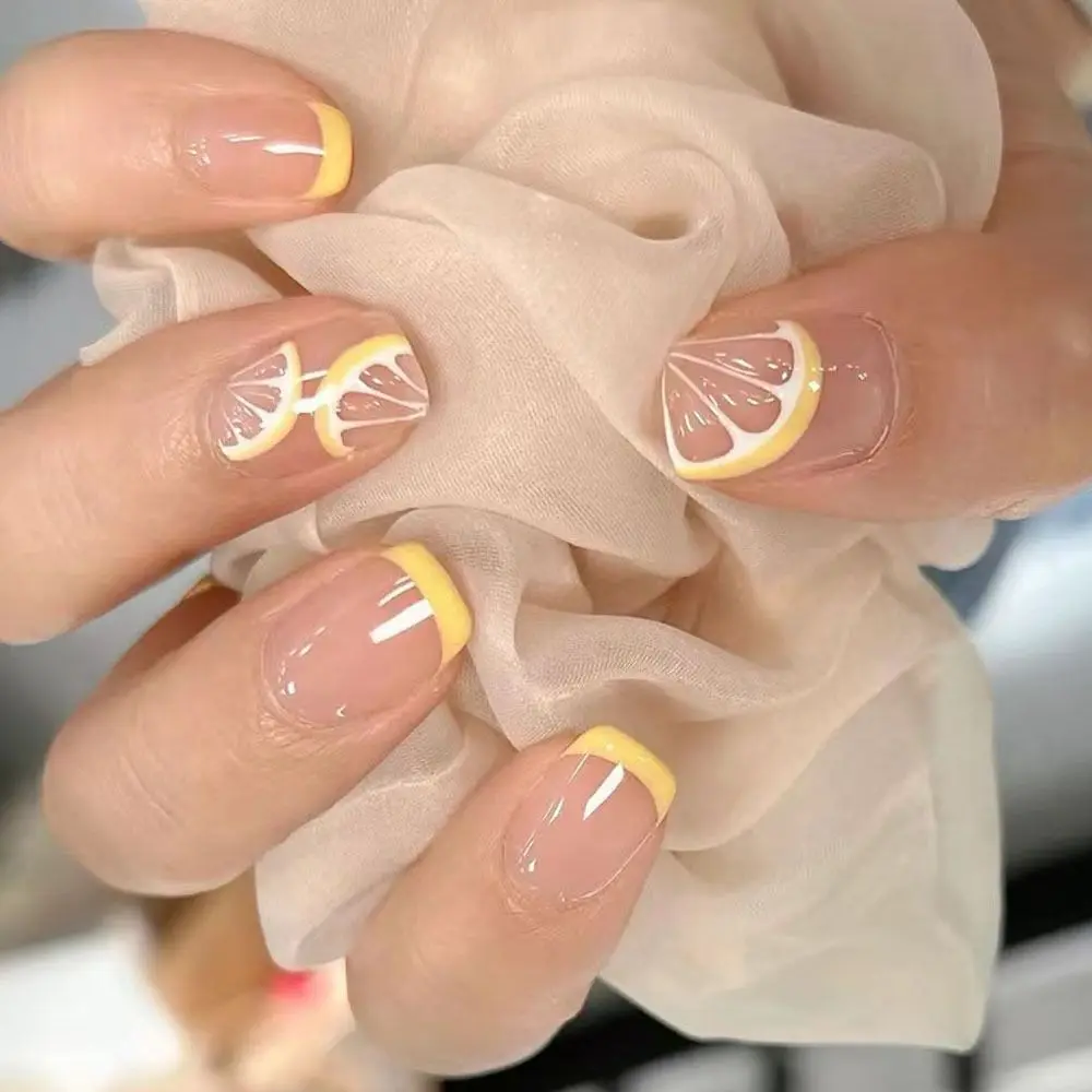 24 Stück Nagelspitzen Fake Nials DIY Falsche Nägel Gelb Zitrone Kurz Quadratisch Französisch
