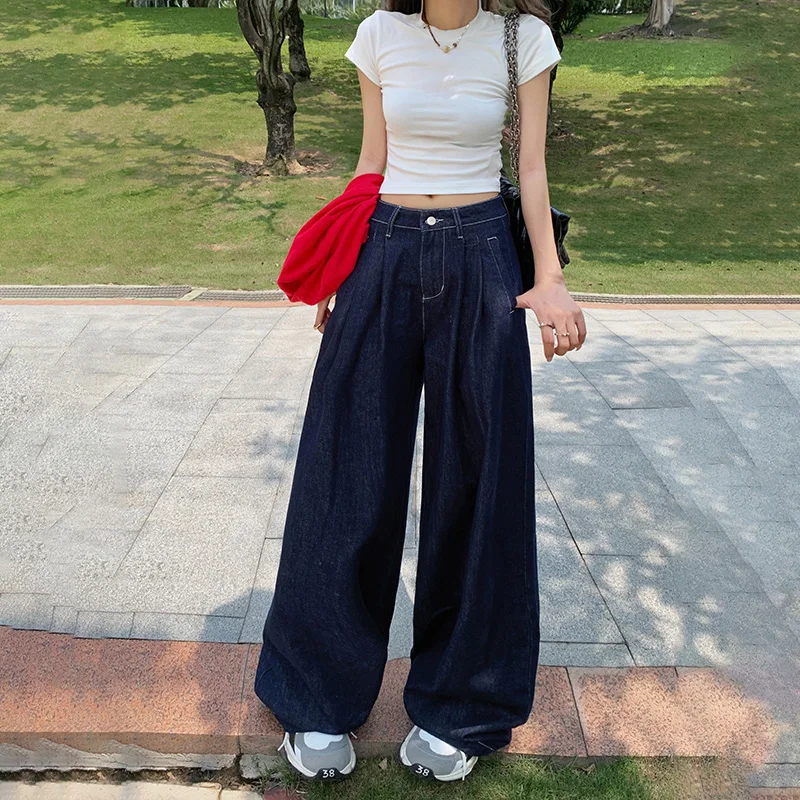 ZMAYC Women's Baggy Casual Retro Style Denim Trousers All-match Pleats High Waisted Pants Female Straight Loose Wide Leg Jeans