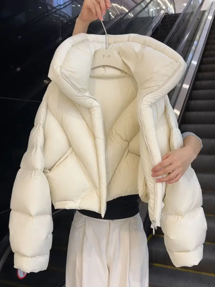 Sli ort Puffer Jaet Casaco feminino Faionable branco fofo para baixo Ele Sle Thi Casacos para a temporada de inverno