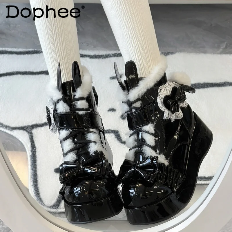 

Original Japanese Style Lolita Snow Boots 2025 Autumn Winter New Girls Cute Bow Rabbit Ears Plush Thickened Sweet Short Boots