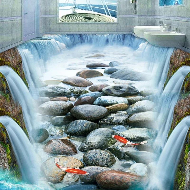 

Waterfall Stones Fish 3D Floor Wallpaper PVC Self Adhesive Waterproof 3D Flooring Tile Sticker Living Room Bathroom Decor Mural