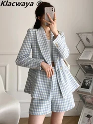 Klacwaya Blazer donna Shorts set donna 2 pezzi Chic Office Lady Suit gonna e giacca Plaid abiti femminili