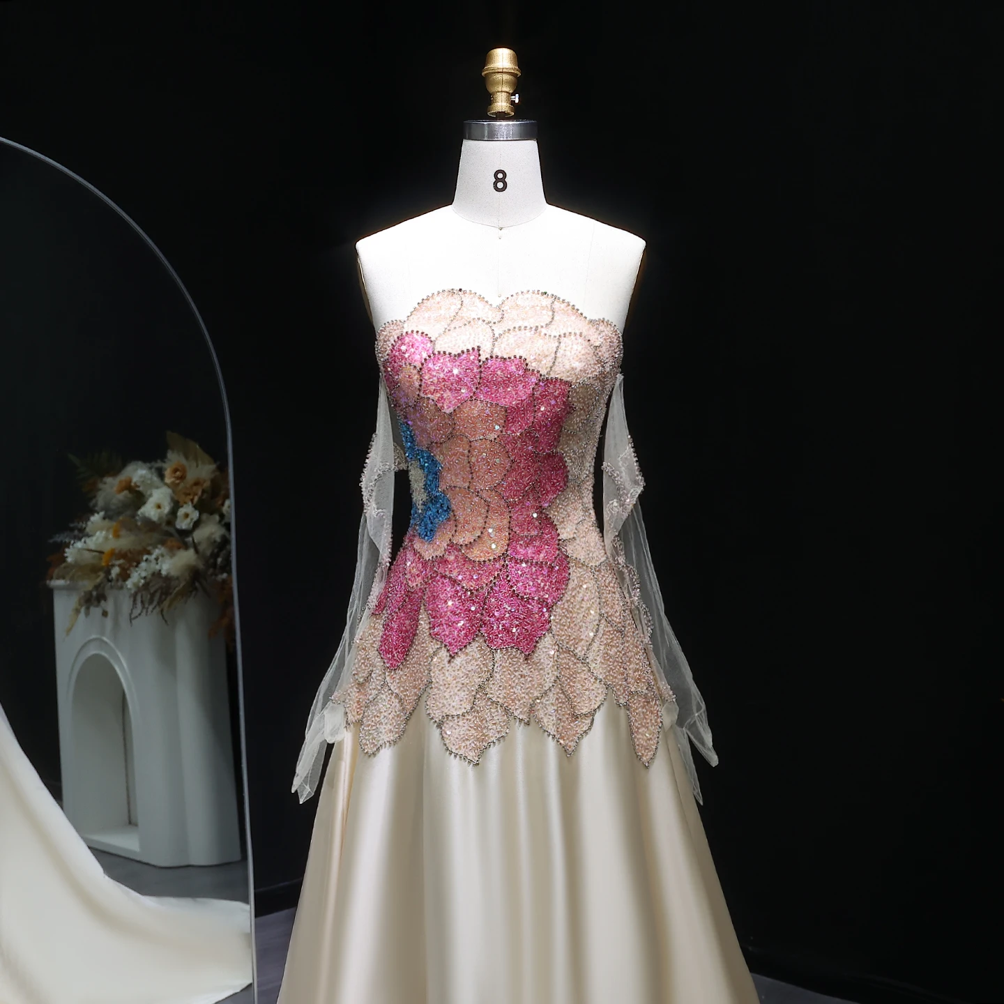 Sharon Said Luxury Strapless Dubai Evening Dress with Gloves Elegant Beige Satin Long Women Wedding Party Gowns SS513 Customized image 4
