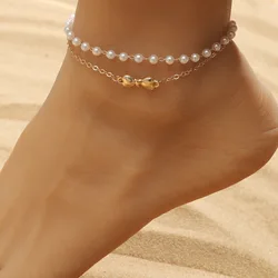 Pearl Bead Anklet for Women Foot Jewelry Accessories Stainless Steel Leg Bracelet Trend Body Chain Aesthetic Barefoot Decorate