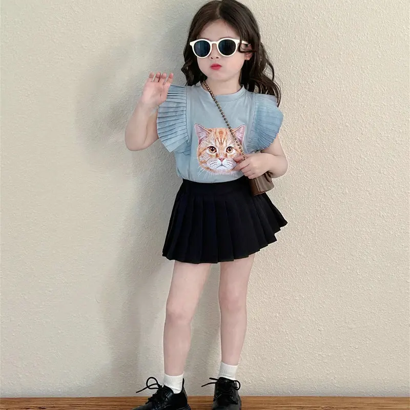 Children's Clothing Girls' Suit Cartoon Cat Flounced Sleeve Top and Pleated Skirt2025Summer New Fashion Foreign Trade