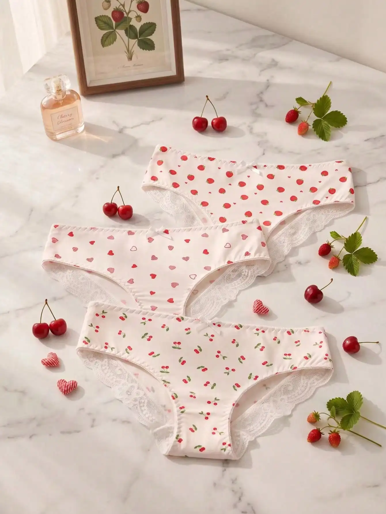 3Pcs Women Cherry & Heart Print Briefs, Lace Trim Bow Decor Soft Daily Underwear Multipack