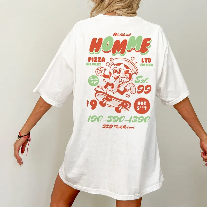 Women Oversized Hip Hop Streetwear T-Shirts Back Print Funny Pizza T Shirt 90s Retro Cute Foodie Tees Unisex Fashion Tops Gifts