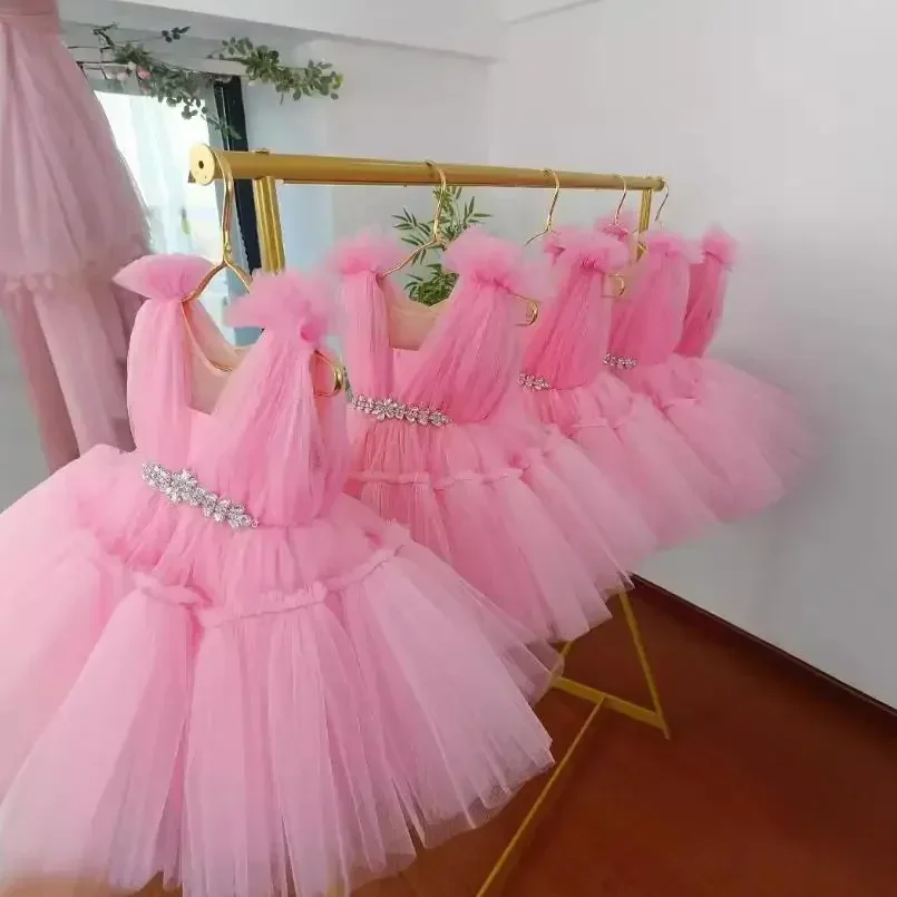 New Children' Host Catwalk Ball Gown Sleeveless Beading Design Wedding Birthday Baptism Party Girl Pink Dress clothings