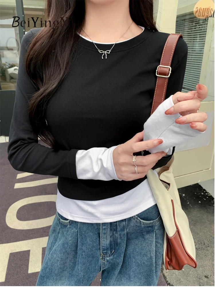 Beiyingni 2024 Autumn Korean T-shirts Women White Black Spell Color Slim Basic Casual T Shirt for Woman Chic Fashion Cotton Top