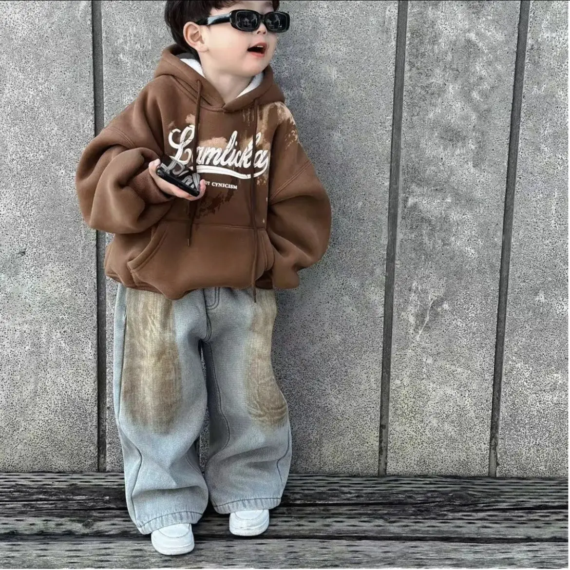 

Fashion Boys Girls Suits Winter Plus Velvet Letter Pullover Top+ Jean Pants 2pcs Kids Sets Casual Sportwear Handsome Clothes