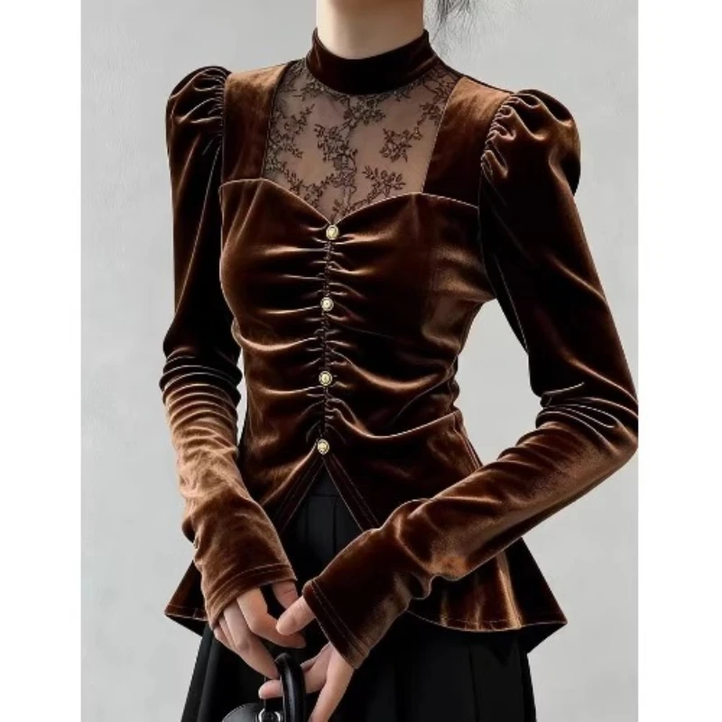 

Spring Fall Women Stand Collar Lace Patchwork Ruffles Velvet Top T Shirt , Woman Vintage Puff Sleece Black Velour Tops Shirts
