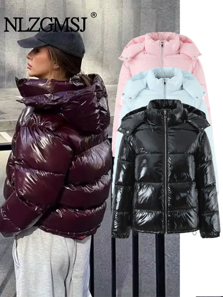 Nlzgmsj Winter Women New Fashion Glossy Surface Jacket Stand Collar Long Sleeve Zipper Hooded Parka Women Leisure Coats Y2k