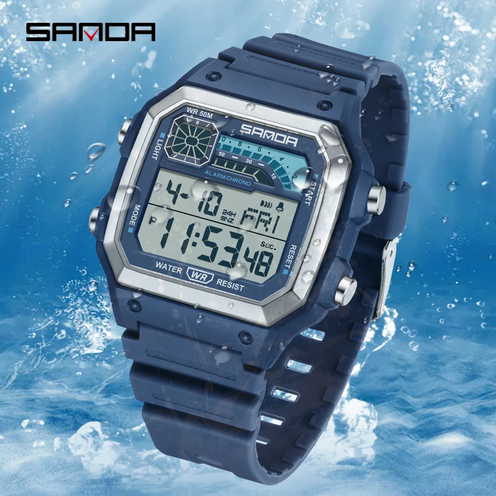 SANDA 6196 Electronic Watch Multi Functional Night Glow Waterproof Sports Men's Lightweight Square Classic Student Watch
