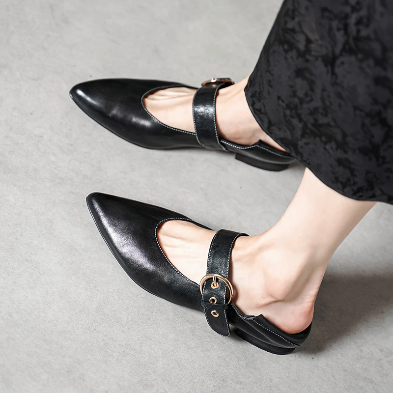 2025 ريترو الشقق أشار تو ماري جين امرأة الشقق أحذية بسيطة السيدات عالية الجودة جلد الحصان ربيع الخريف خمر الأحذية #6