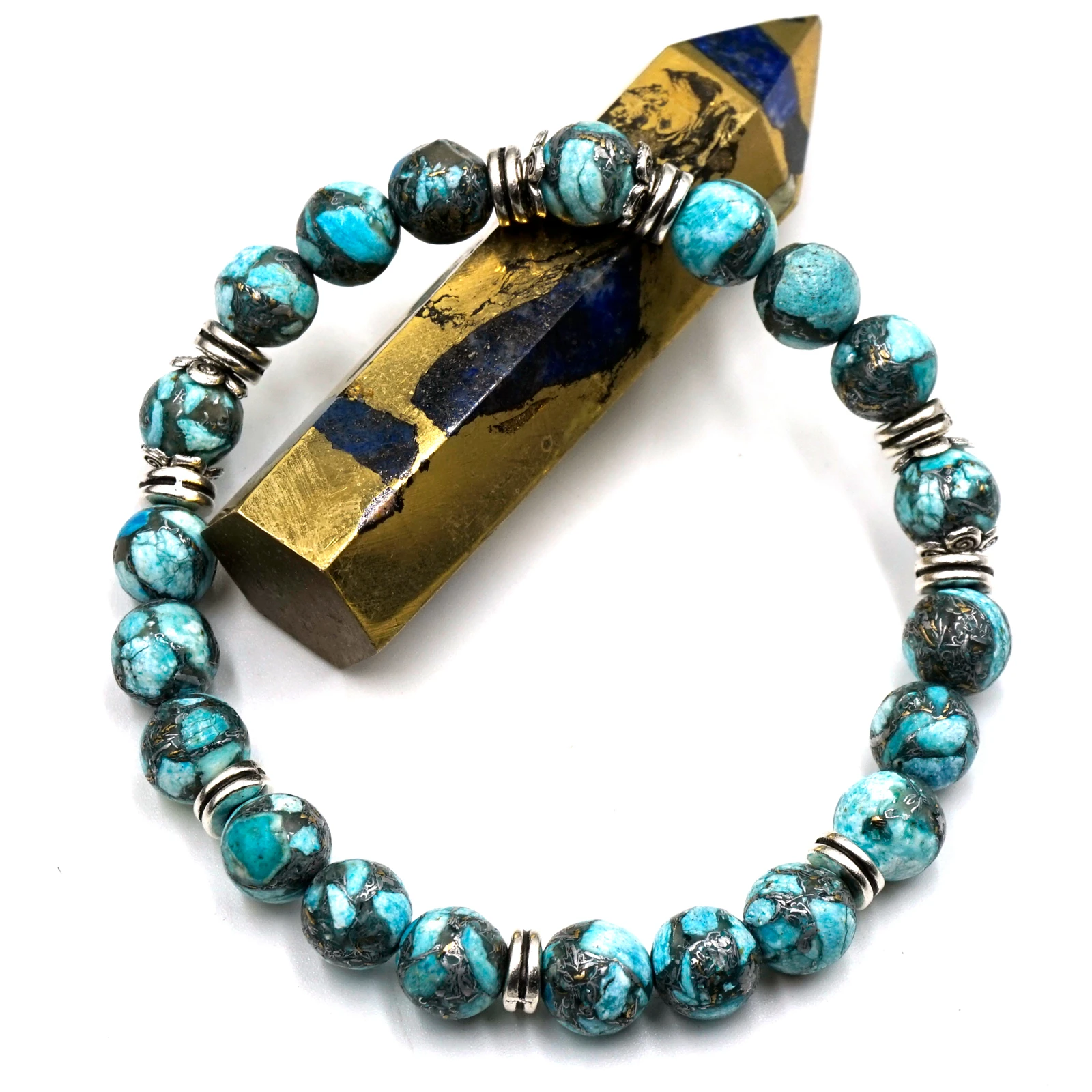 

JYSTONE 1pc Regenerate Turquoise with Alloy Round Beads 8mm Elastic Bracelet for Daily Wearing Party Woman Man Bracelet