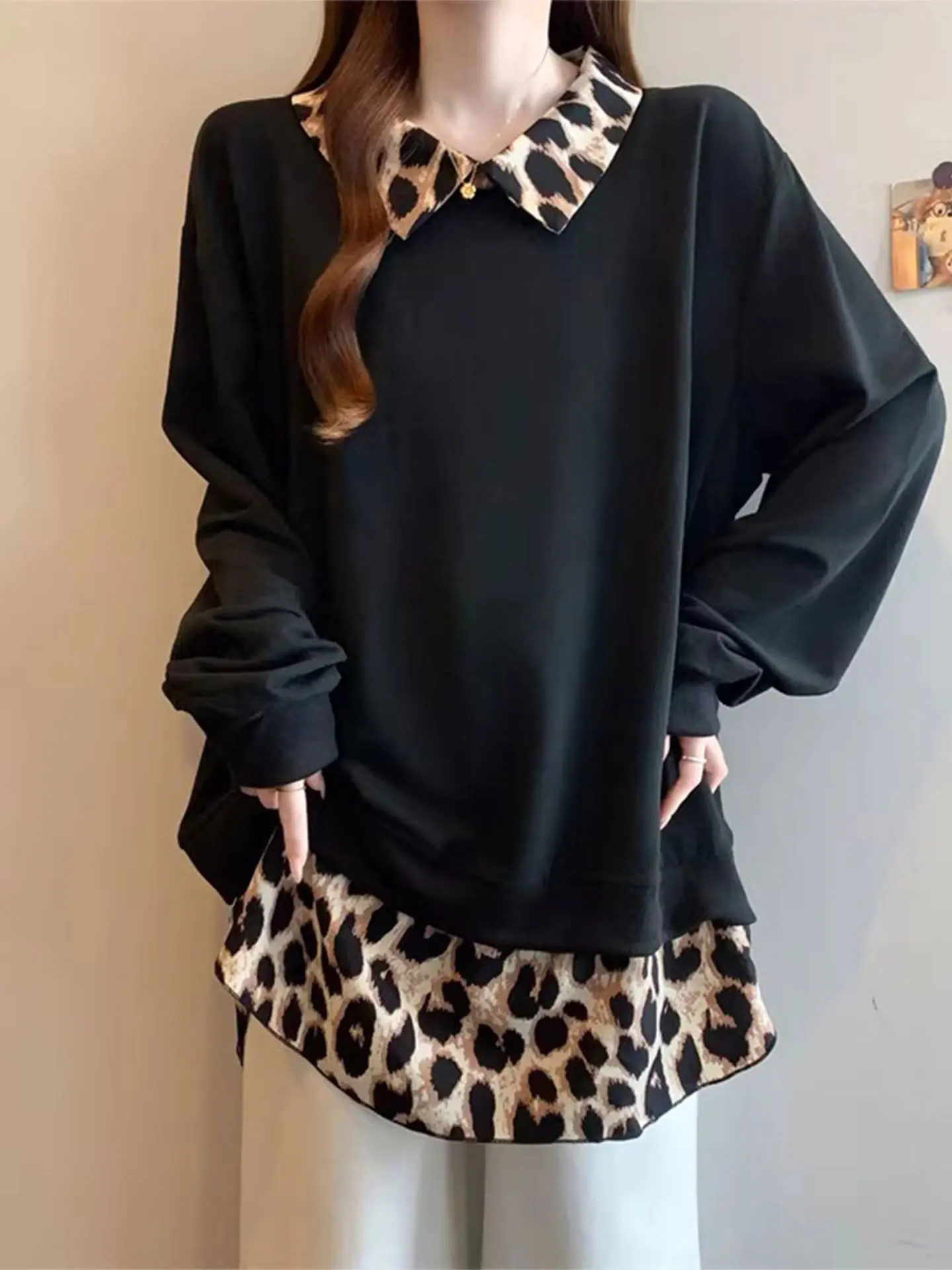 

Casual Sle plus Size Women's Long Sve Sweatirt Leopard Print Patchwork Mid-Length Trendy Top Spring 2026 plus Size