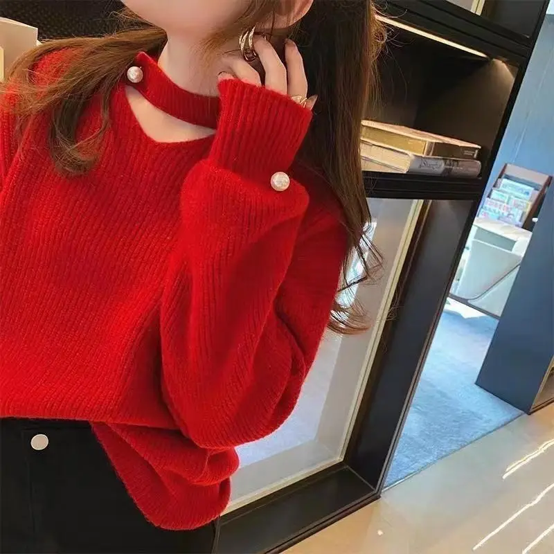 2024 New Heart-shaped Cutout Collar Knitted Sweater Autumn Winter Women Beads Sweater Girls Long Sleeve Sweet Pullover Sweater