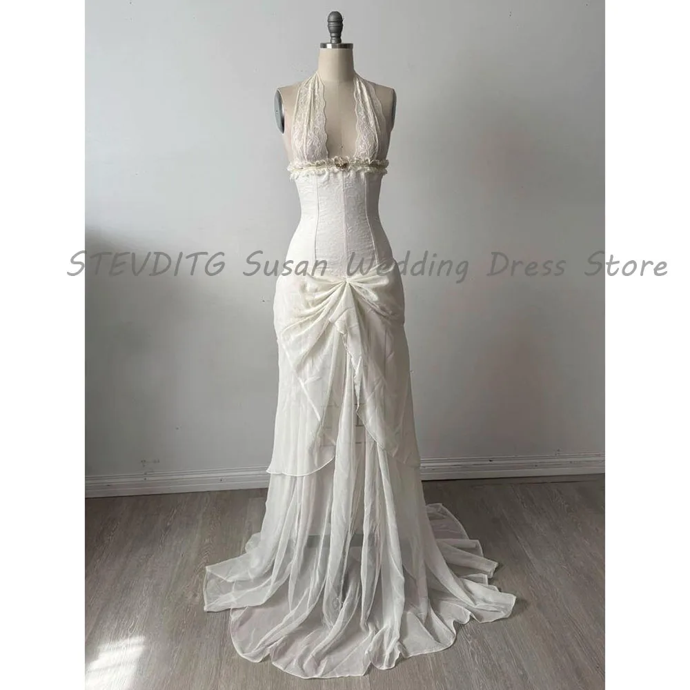 

White Wedding Dresses Women Halter Lace Sleeveless High Quality Sweep Train Floor Length Prom Party Female Gowns Pastrol