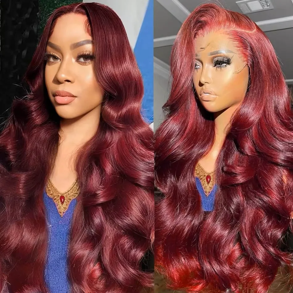 13x6 Burgundy Body Wave Lace Front Wigs 200 Density 13x4 Wavy Human Hair Wig 99J Red Colored Body HD Lace Frontal Wig Remy