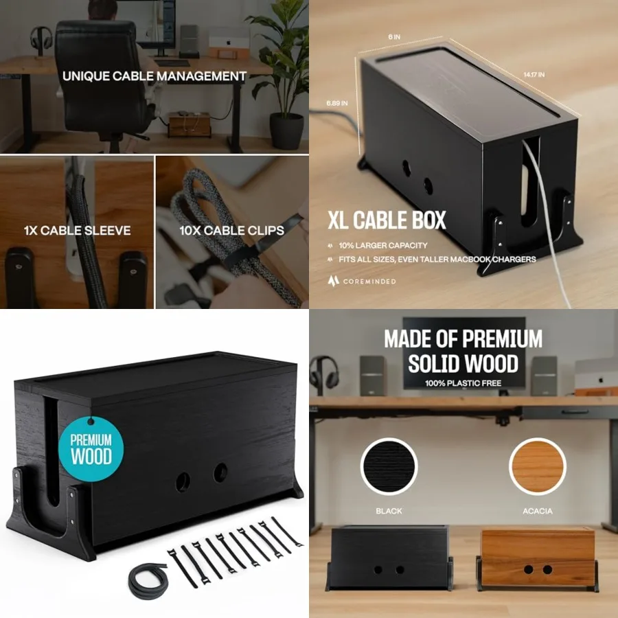 Extra Large Cable Management Box, Wood Cord Hider Box and Organizer for Power Strip, TV Wires and Desk Cable Storage