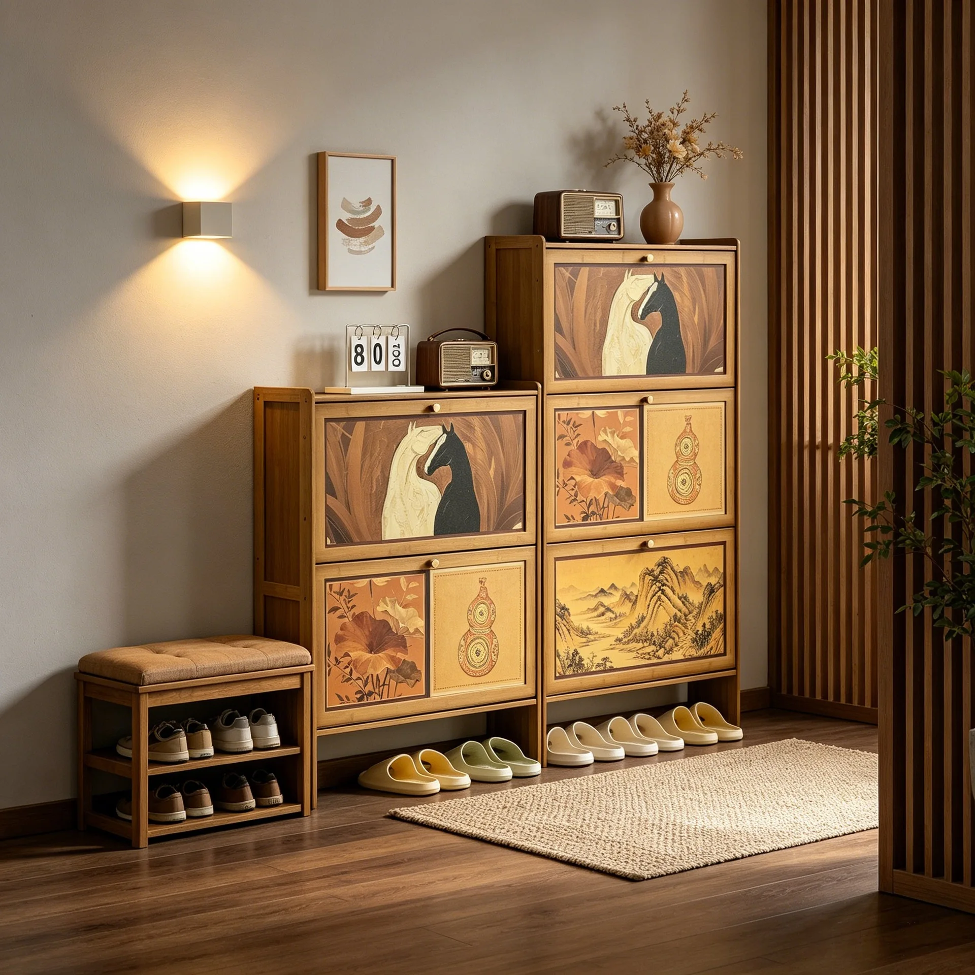 simple and modern at the door of the home, narrow version of the log-colored entrance shoe cabinet behind the tipping bucket