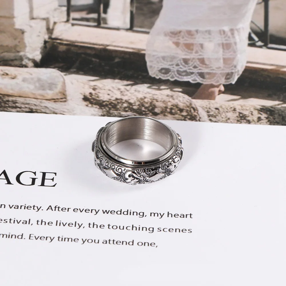 1Pcs Cross-Border Non-Fading Stainless Steel Rotating Ring with the Six-Word Mantra, Trendy Men's Personalized Ring