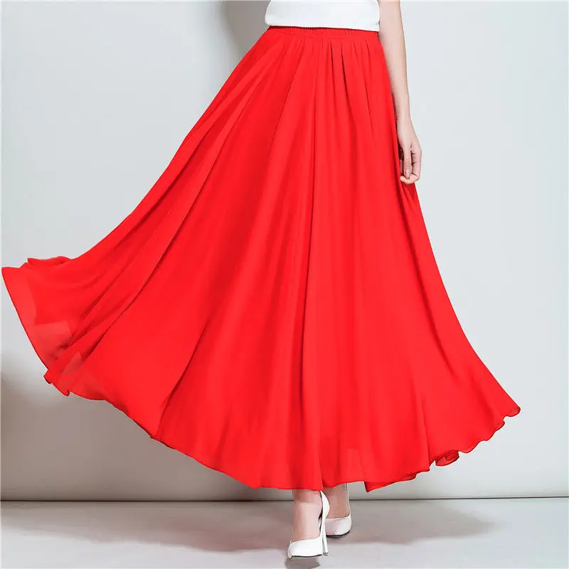 2022 Summer Women Chiffon Long Skirt A-Line Skirts Women Elastic High Waist Maxi Skirts Elegant Solid Skirts Femme Streetwear