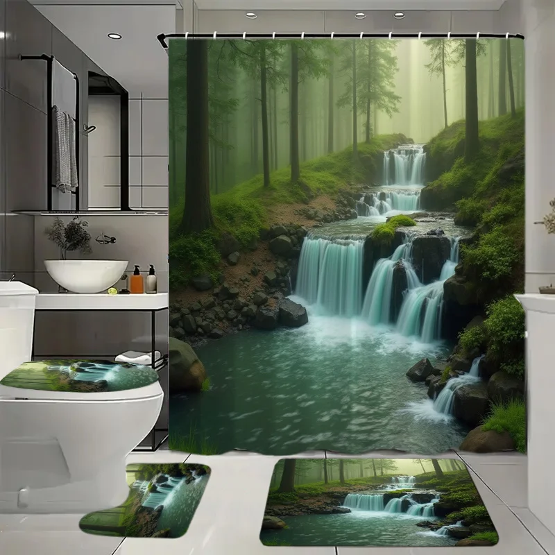 

Набор для ванной комнаты из 4 предметов, занавеска для душа с 12 крючками, напольный коврик, контурный коврик для унитаза и коврик для крышки унитаза, декор для ванной комнаты и ванной комнаты