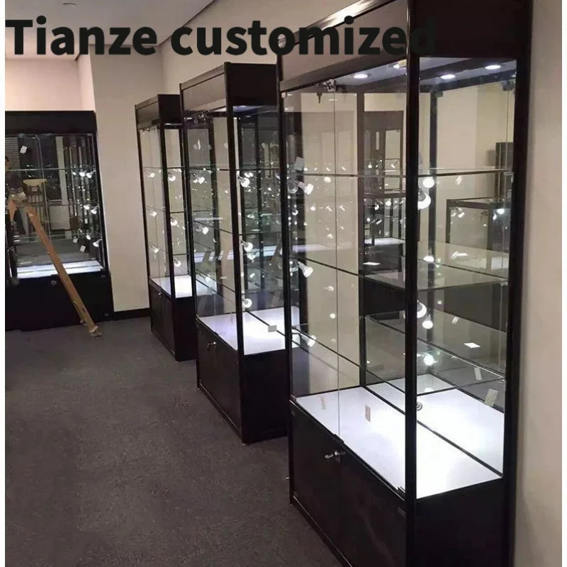 

Customized-cheap glass display showcase shop locable LED light smoke shop showcase