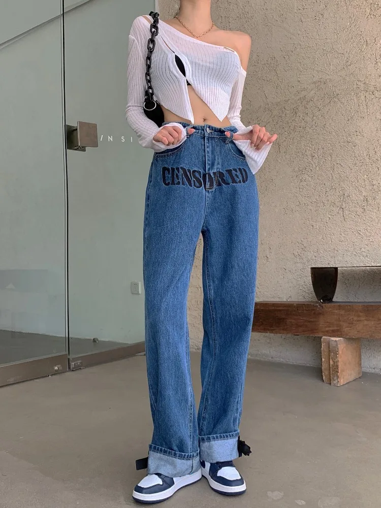 Fashion Letters Embrodery Baggy Jeans Women 2023 Spring Loose Straight Female Denim Trousers Ladies Wide Leg Pants