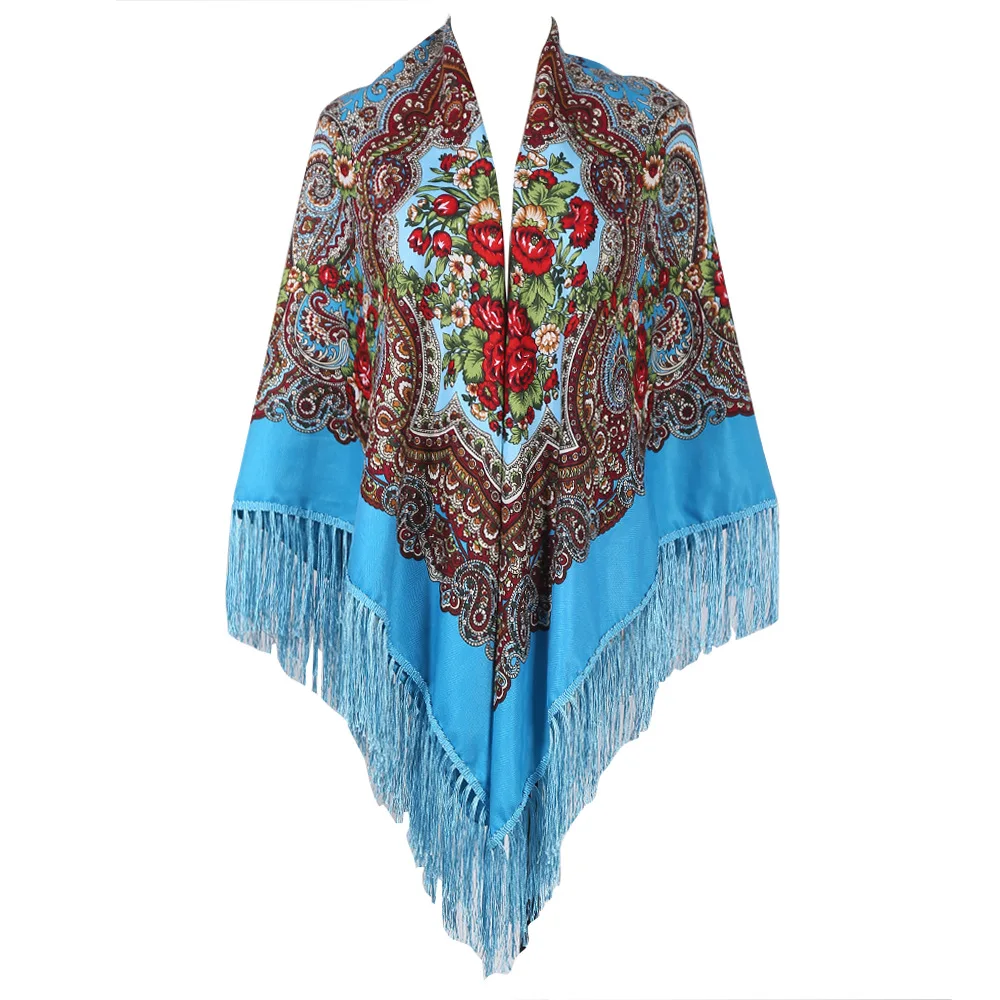 160*160cm Russian Style Square Scarf Retro Floral Printed Ukrainian Shawl Babushka Bandana Handkerchief Big Size Fringed Shawls