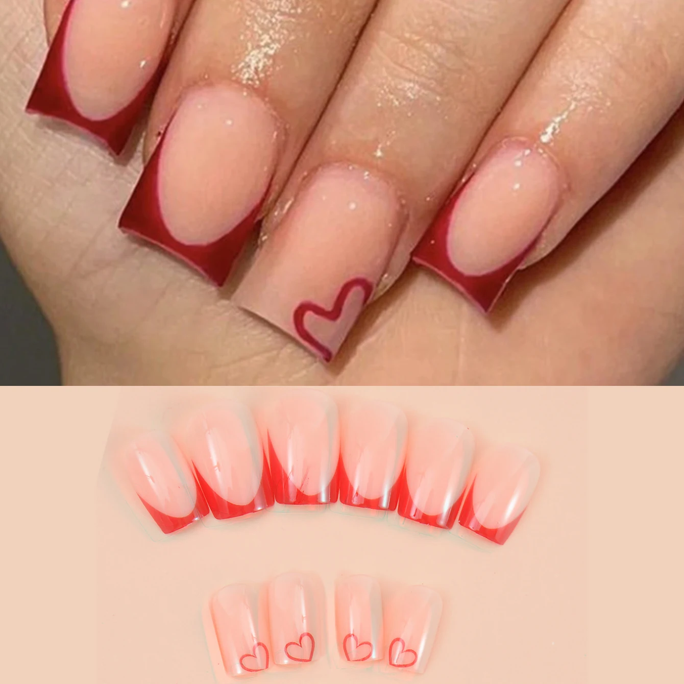 24 個の赤いハート型の付け爪セットと取り外し可能なキューティクル プッシャー 1 個で外観を瞬時にアップグレードします。