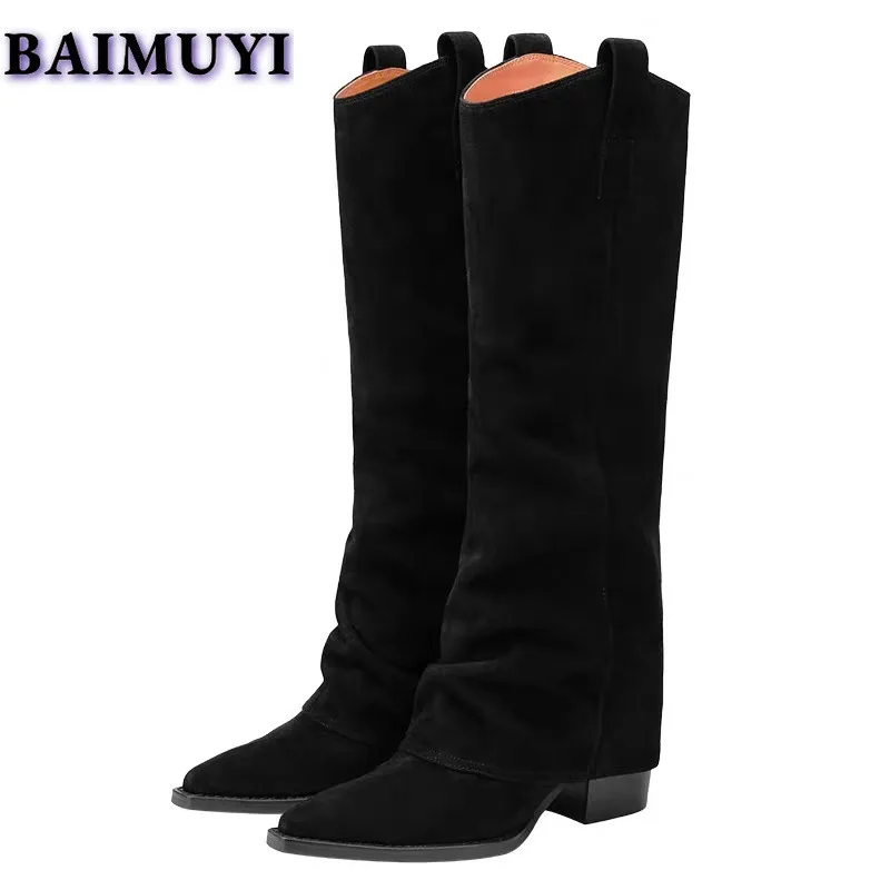 Women Pointed Toe High Boots Luxury Party Heels Shoes Woman Winter Suede Snow Boots 2025 Trend Chunky Plush Chelsea Botas Mujer