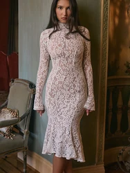 JULISSA MO Sexy See Through Lace Women Midi Dress White Long Sleeve Turtleneck Dress Female Winter Skinny Elegant Party Clubwear