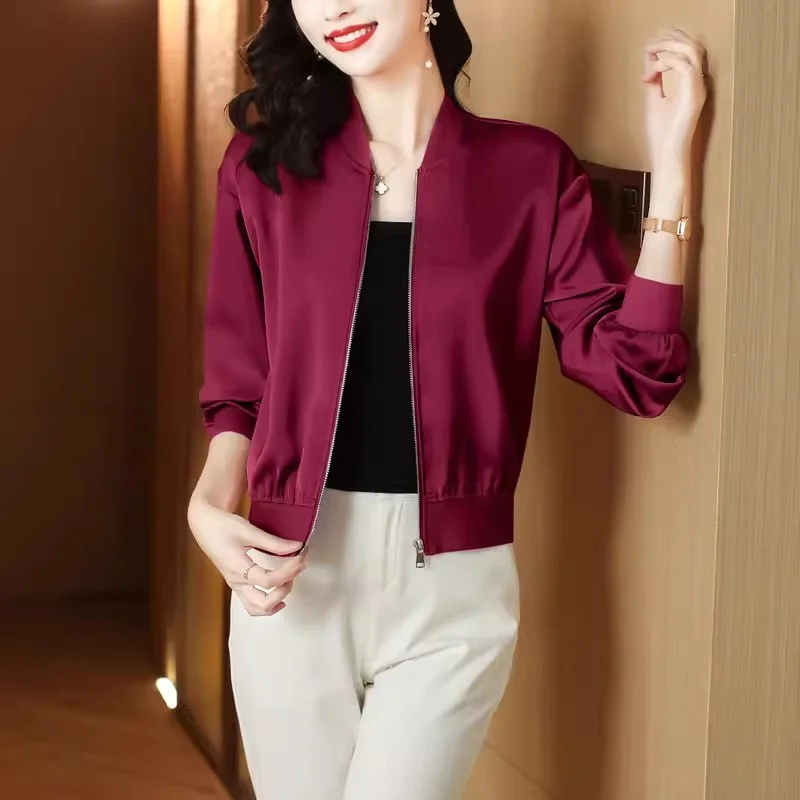 

Women Loose Baseball Suit Casual Jacket Mom's Long Sleeve Sunscreen Top 2024 Spring/Summer Female New Jacquard Silk Short Coat