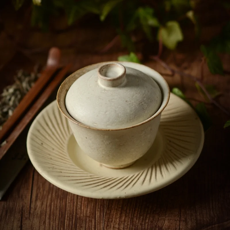 Jingdezhen Porcelain Gaiwan Handmade Coarse Pottery Powder Cover Bowl Grass and Wood Gray Glaze Cover Bowl Gracked Glaze Support