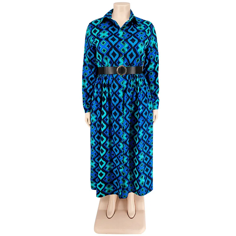 Wmstar Plus Size Dresses Women with Belt V Neck Print Maxi Dress Elegant Office Lady Fashion Streetwear Wholesale Dropshipping