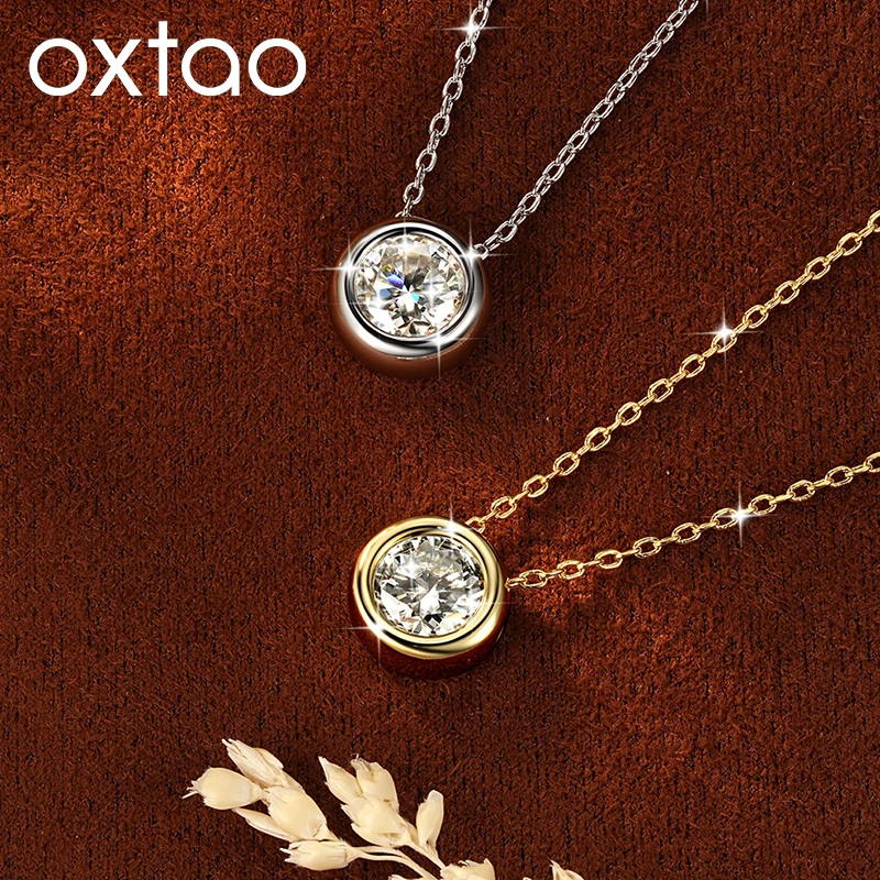 OXTAO Certified Moissanite Bubble Pendant Necklace 4mm/5mm/6.5mm/7.5mm Round Charm Necklace 14K Gold Filled Chain Women Jewelry