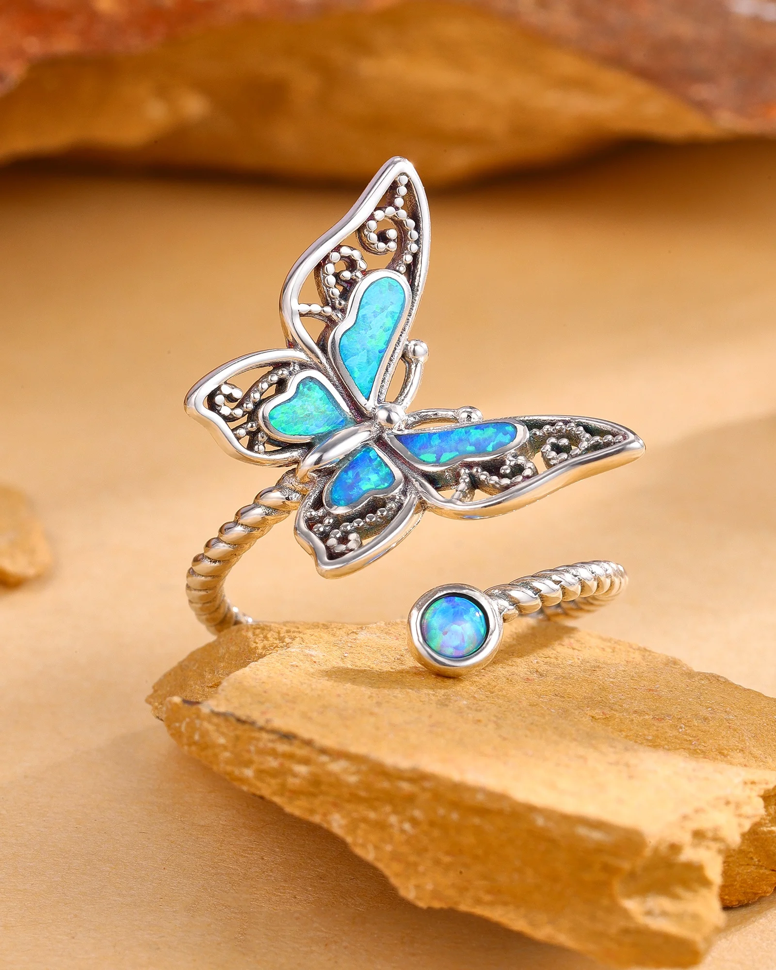 

925 Sterling Silver Blue Opal Butterfly Adjustable Ring Elegant Bohemian Style Jewelry Natural Vintage Gift for Women Girl Wife