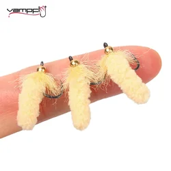 Vampfly 6pcs Mop Fly Brass Bead Head Chenille Body Crane Larvae Nymph Fly Fishing Flies Trout Bass Panfish Fishing Lure Baits