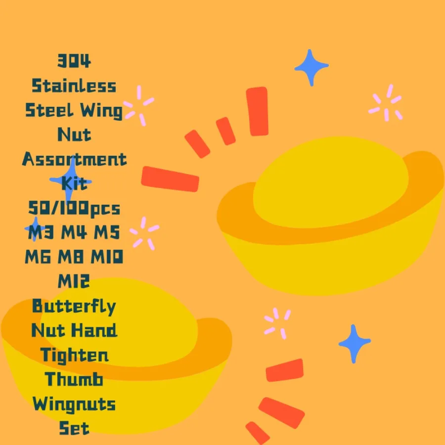 304 Stainless Steel Wing Nut Assortment Kit 50/100pcs M3 M4 M5 M6 M8 M10 M12 Butterfly Nut Hand Tighten Thumb Wingnuts Set