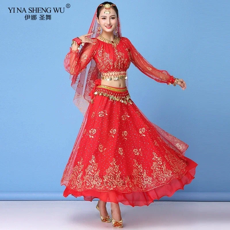 الكبار بوليوود فستان زي المرأة الهندية الرقص ساري الرقص الشرقي الزي أداء الرقص الملابس الشيفون كم طويل