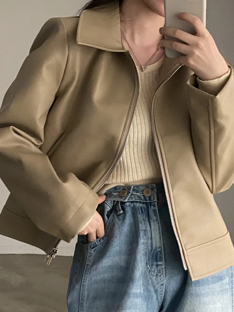 

Khaki ort Women's PU Leather Jaet Motorcycle Series Vintage Design Fall/Winter Faion High Quali Slim Fit Trimming