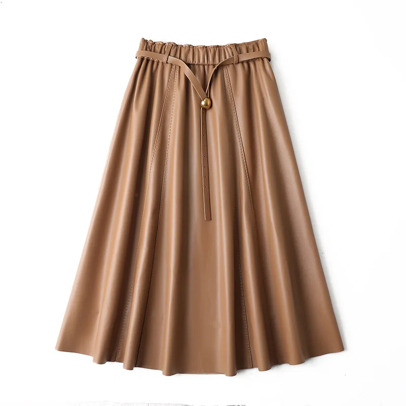 Genuine Leather Women's Sheepskin A-line Skirts 2026 Spring Chic Lady Elastic Waist Mid-length Lambskin Umbrella Skirt With Belt