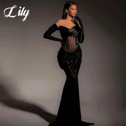 Lily Mermaid Sexy Black Woman Evening Dress Gown Off The Shoulder Sweetheart Night Dress Gown with Pleats Satin robes de soirée