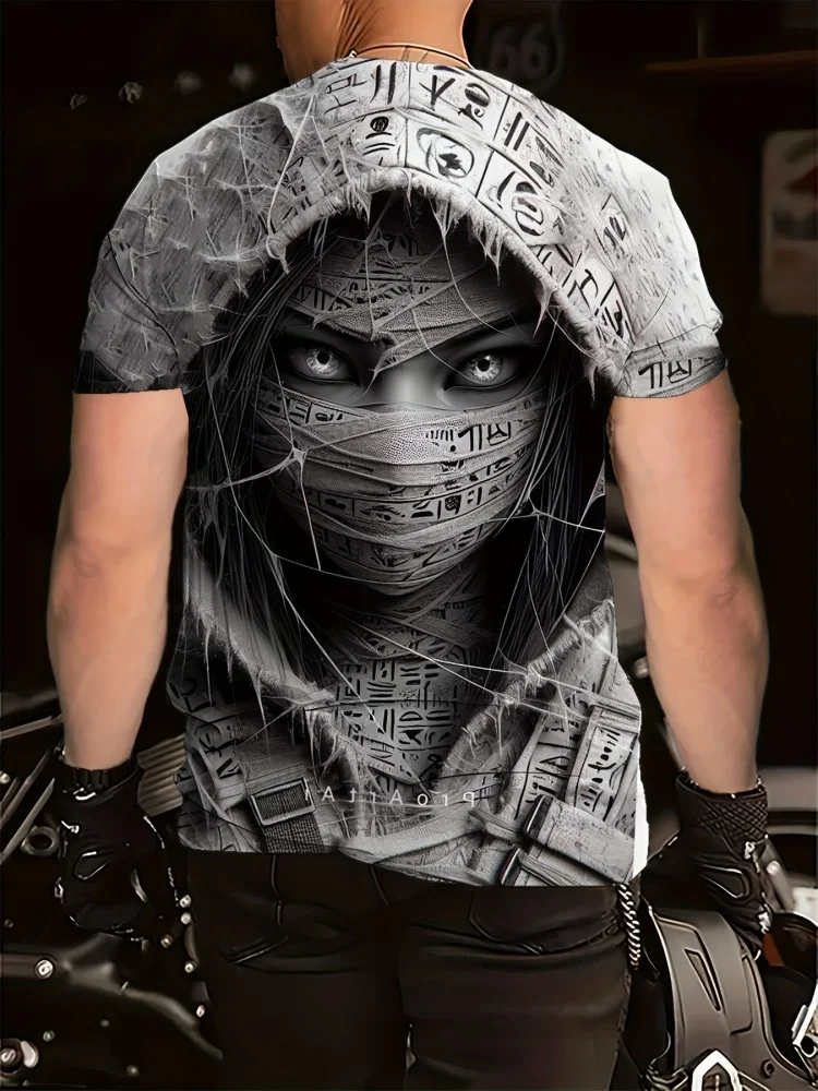 Trend Vintage Men Ancient Egyptian Mummy Print T-shirt Hieroglyphics Casual Short Sleeve Tops Hip-hop Style Man Streetwear