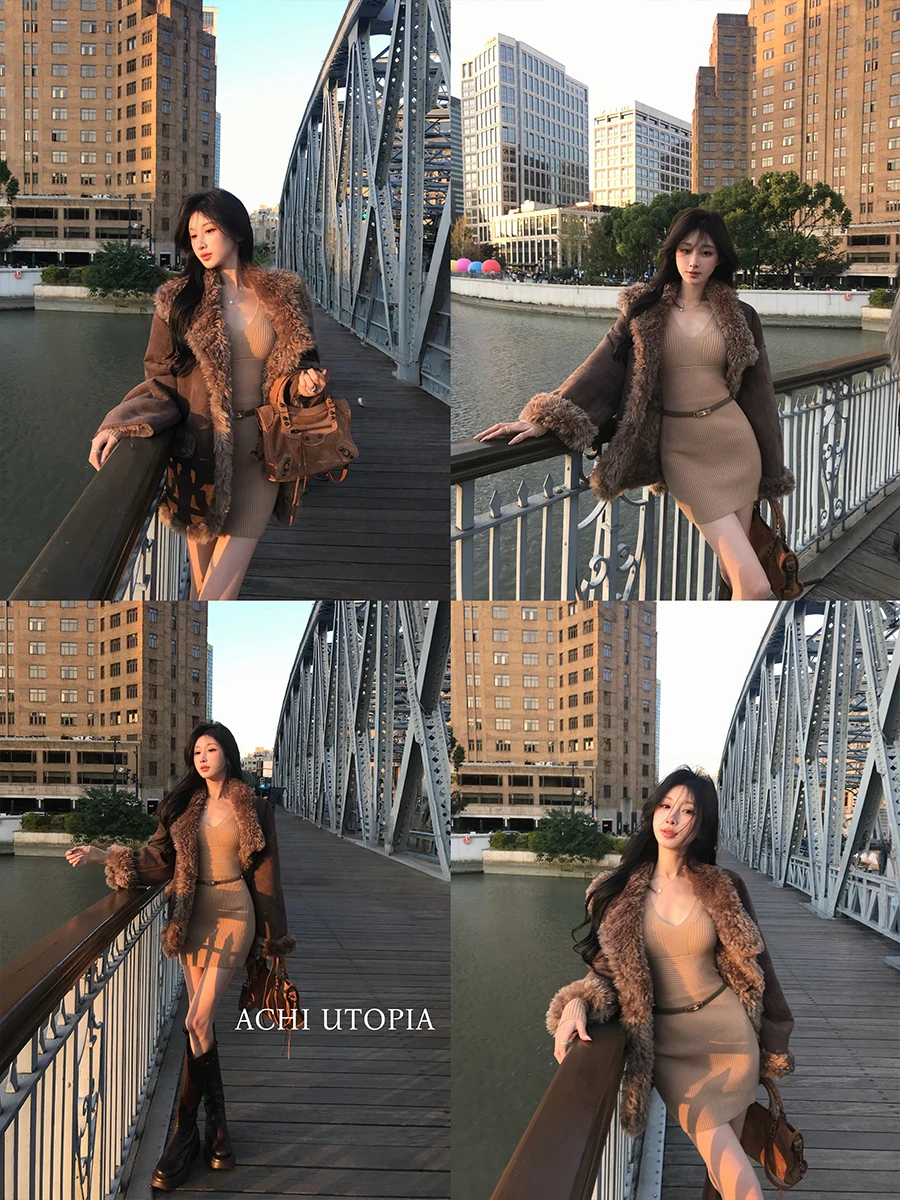 Jaqueta de Motocicleta Feminina Dupla Face em Camurça e Pele Sintética Cor Café Achi - Agasalho Quente com Forro Integrado de Pele e Pelo