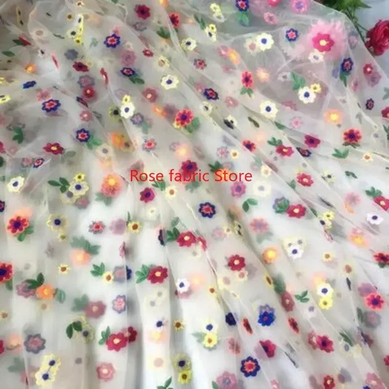 Colorful flower embroidery lace fabric floral white beige black soft tulle for wedding dress girl dress Veil 51" width 1 yard