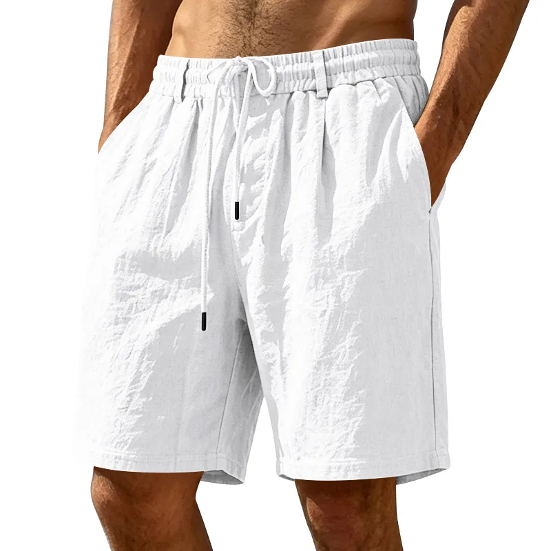 Men Lightweight Cotton Linen Texture Elastic Waist Drawstring Loose Fit Beach Vacation Casual Five Points Shorts