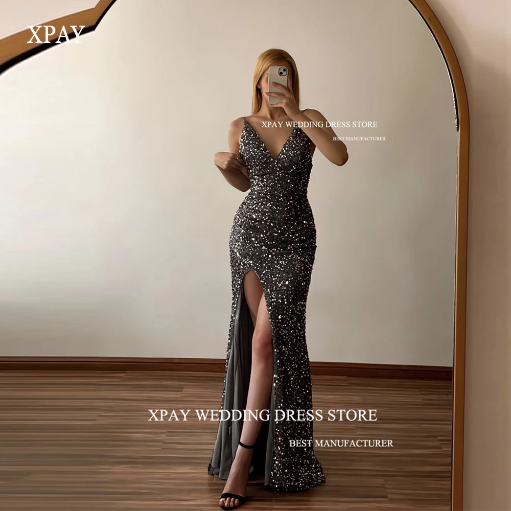 

XPAY Sparkly Sequin Mermaid Evening Dresses V Neck Split Glitter Prom Gowns Long Formal Party Dress 2023 Vestido de noche